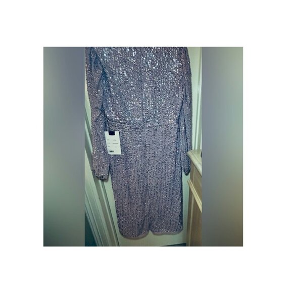 Mac Duggal Lavender Illusion Puff Sleeve V Neck Midi Dress Size 12 New NWT - Picture 8 of 9